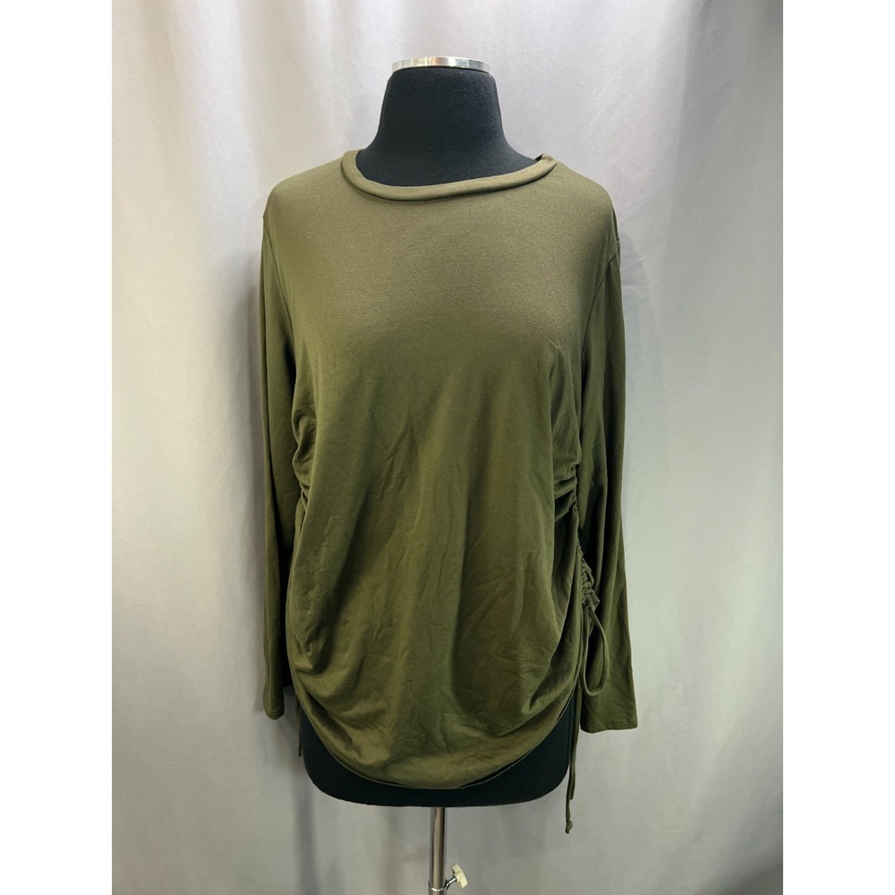 Ragdoll Blouse Top Women Olive Green Cinched Drawstring Detail Curved Hem Casual
